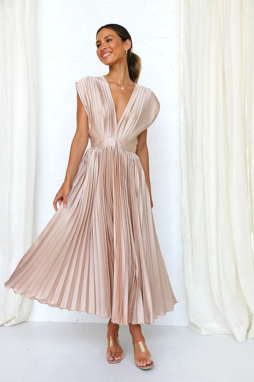 Mia- Pleated Plunge Midi Dress