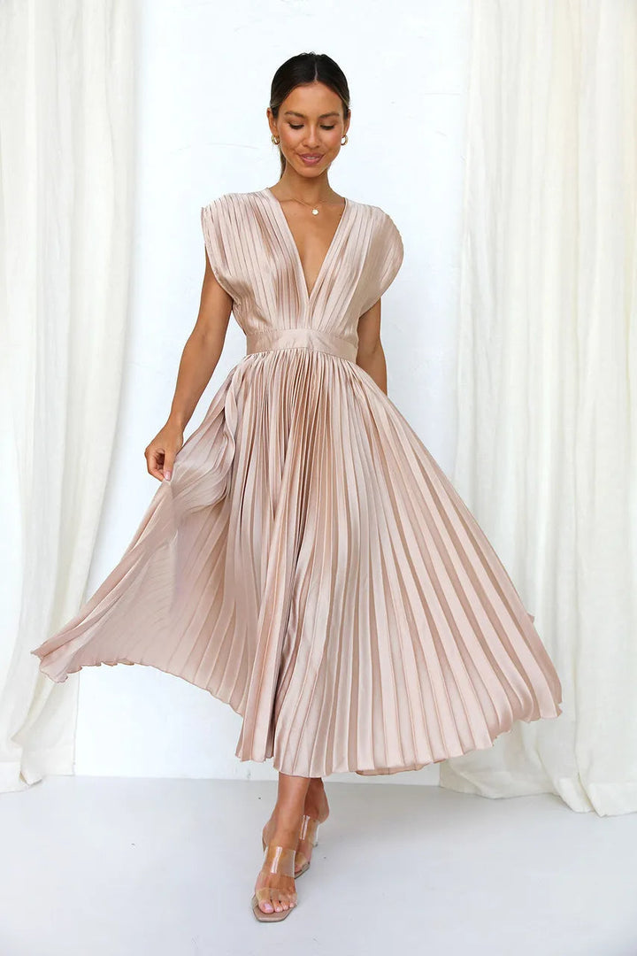 Mia- Pleated Plunge Midi Dress