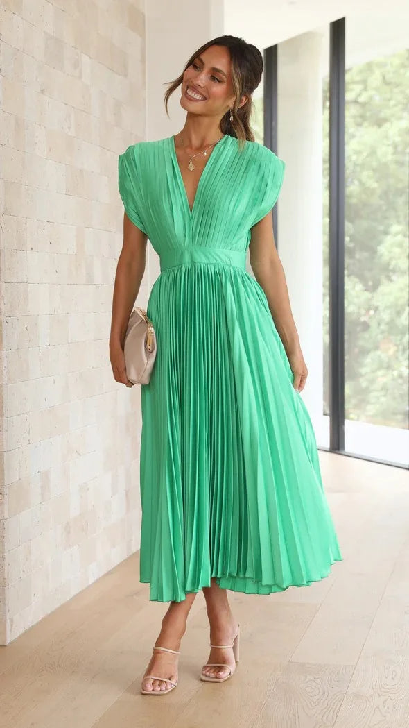 Mia- Pleated Plunge Midi Dress