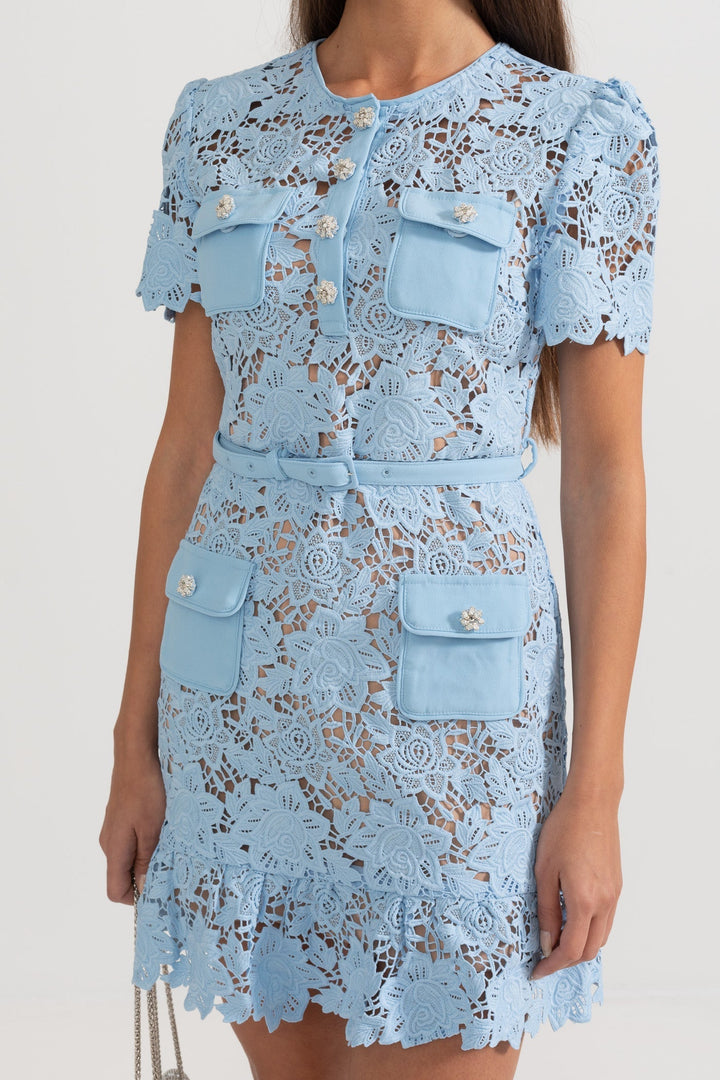 Short Sleeve Embroidered Floral Dress - Blue