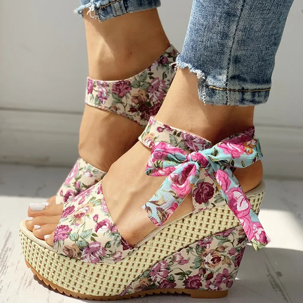 Lily™ Floral Lace-Up Wedge Sandals