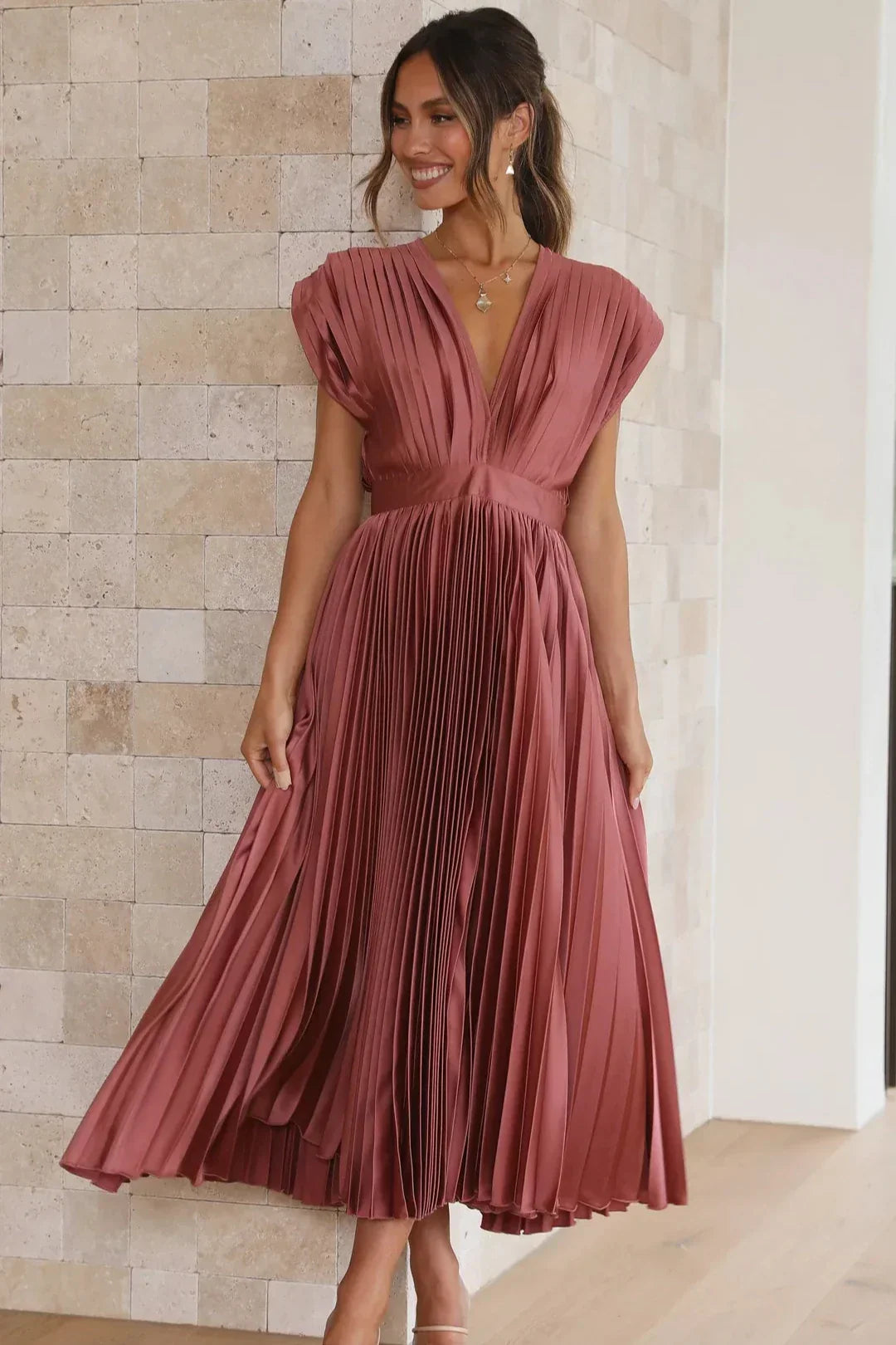 Mia- Pleated Plunge Midi Dress