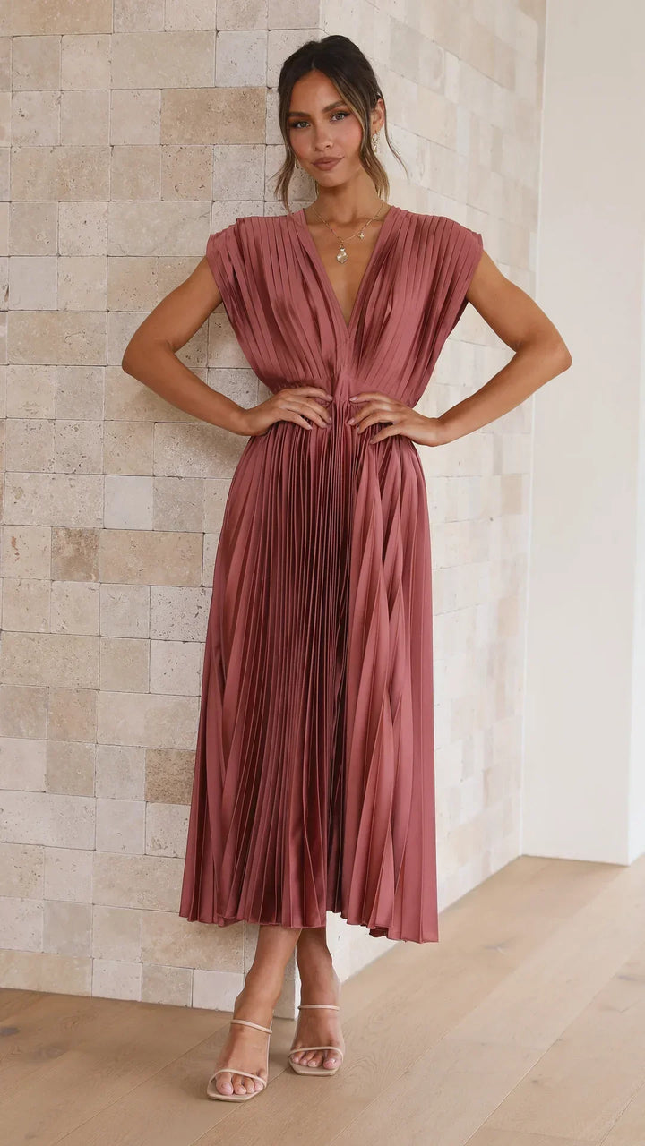 Mia- Pleated Plunge Midi Dress